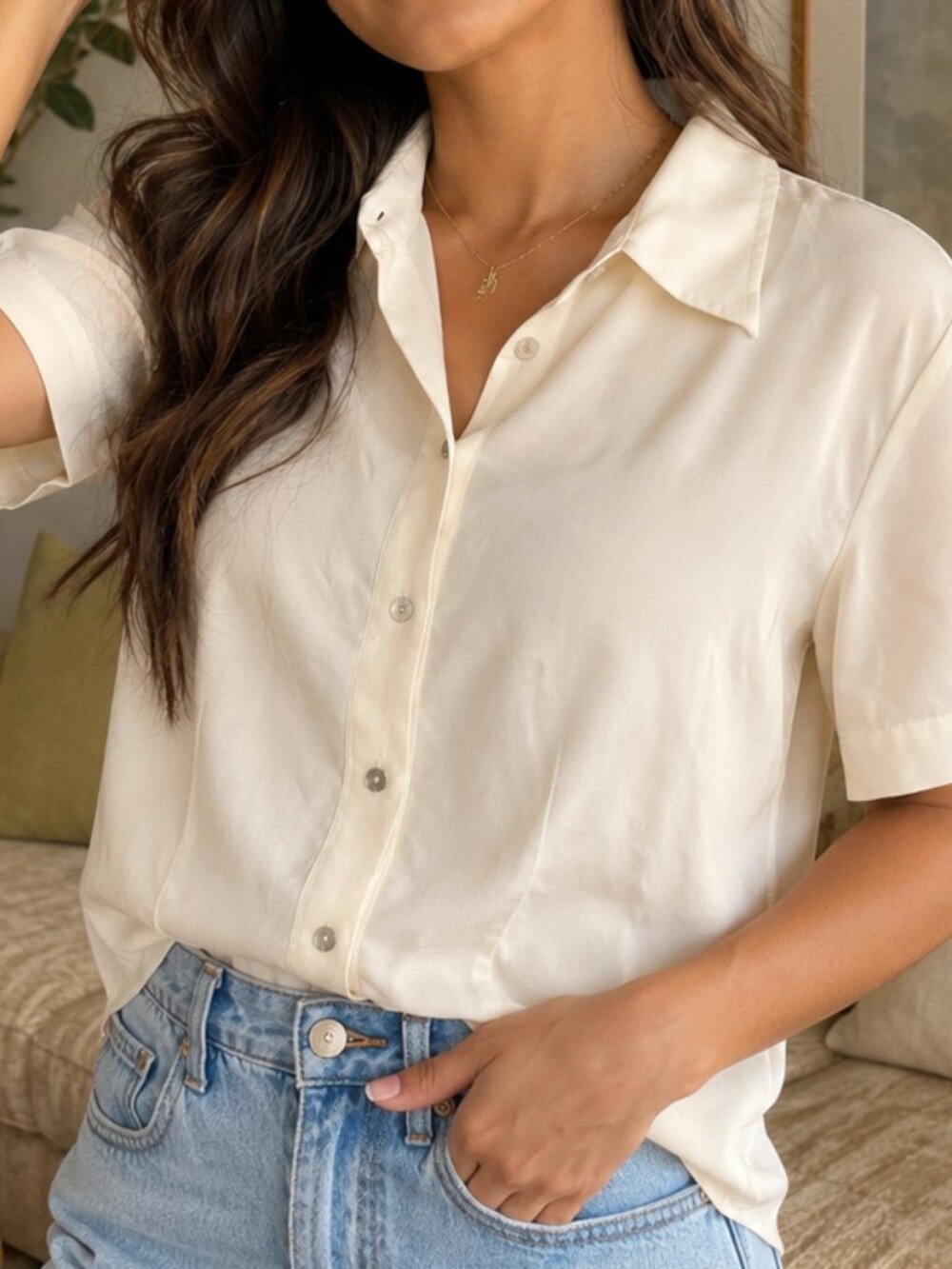 Chico's Design Ivory Silk Stretch Short Sleeve Button Up Blouse Size‎ 2 Workwear